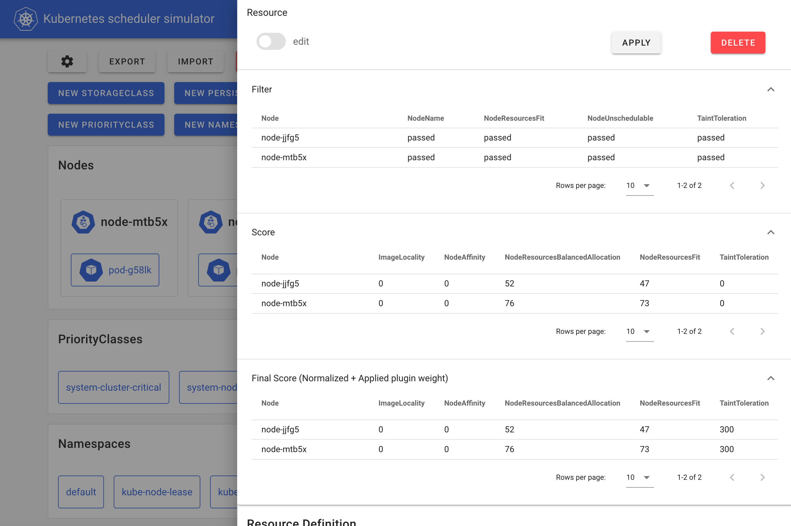 Screenshot of the simulator web frontend that shows the detailed scheduling results per node and per extension point
